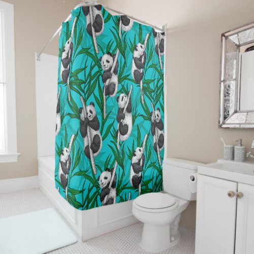 Panda cubs on turquoise shower curtain