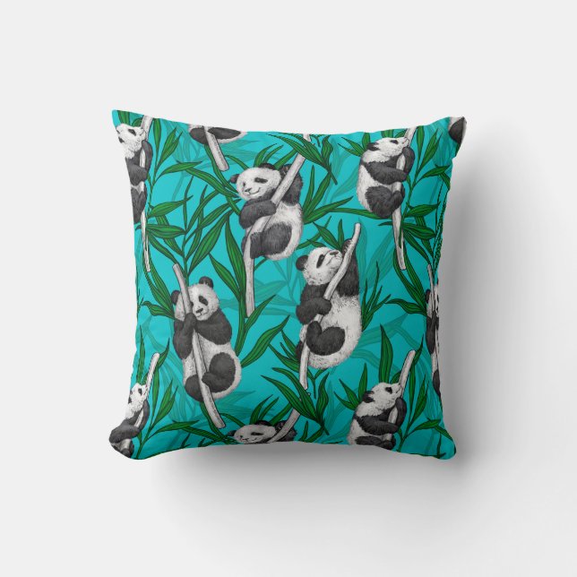 Panda cubs on turquoise throw pillow (Front)