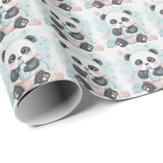 Panda Cute Baby Pastel Watercolor Pattern Wrapping Paper