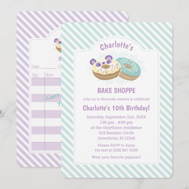 Panda Donut Purple and Green Bakery Birthday Invitation (Front/Back)