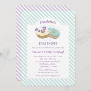 Panda Donut Purple and Green Bakery Birthday Invitation