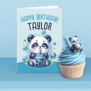 Panda Drinking Blue Boba Bubble Tea Birthday Card