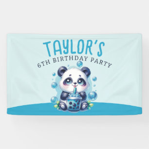 Panda Drinking Blue Boba Bubble Tea Birthday Party Banner