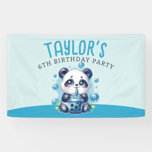 Panda Drinking Blue Boba Bubble Tea Birthday Party Banner