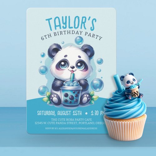Panda Drinking Blue Boba Bubble Tea Birthday Party Invitation
