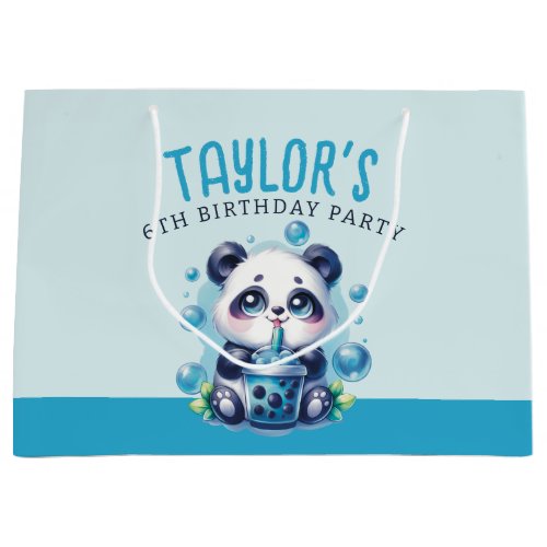 Panda Drinking Blue Boba Bubble Tea Birthday Party Large Gift Bag