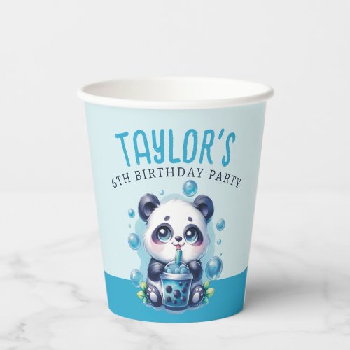 Panda Drinking Blue Boba Bubble Tea Birthday Party Paper Cups