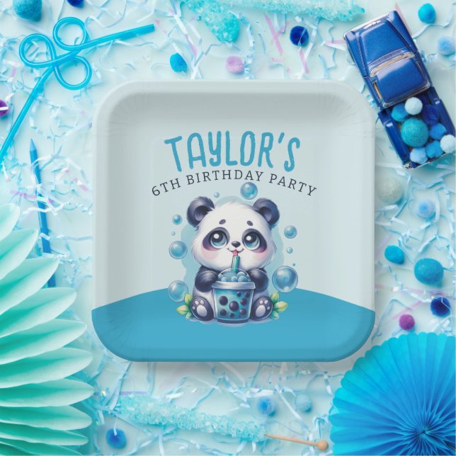 Panda Drinking Blue Boba Bubble Tea Birthday Party Paper Plates (Party)
