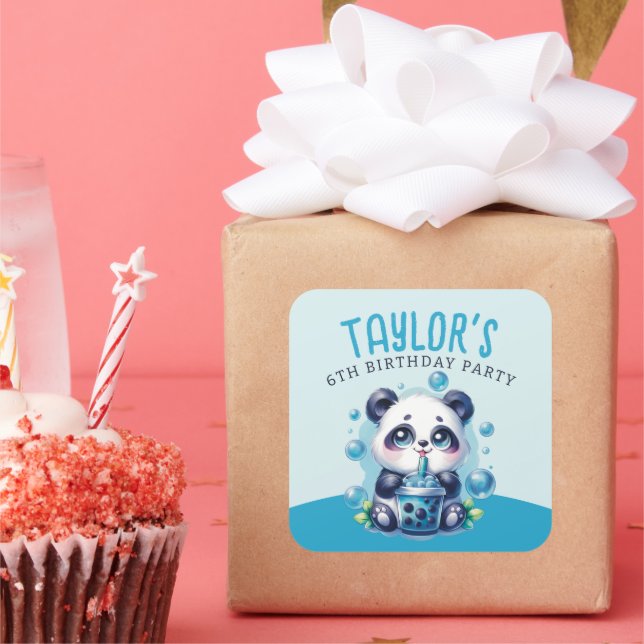 Panda Drinking Blue Boba Bubble Tea Birthday Party Square Sticker (Party)