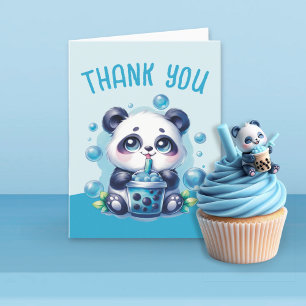 Panda Drinking Blue Boba Bubble Tea Letterpress Thank You Card