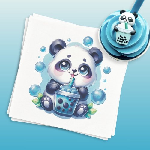 Panda Drinking Blue Boba Bubble Tea Napkins