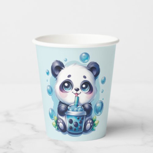Panda Drinking Blue Boba Bubble Tea Paper Cups