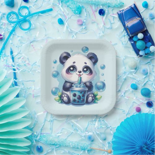 Panda Drinking Blue Boba Bubble Tea Paper Plates