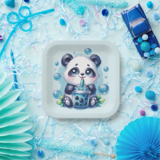 Panda Drinking Blue Boba Bubble Tea Paper Plates (Party)