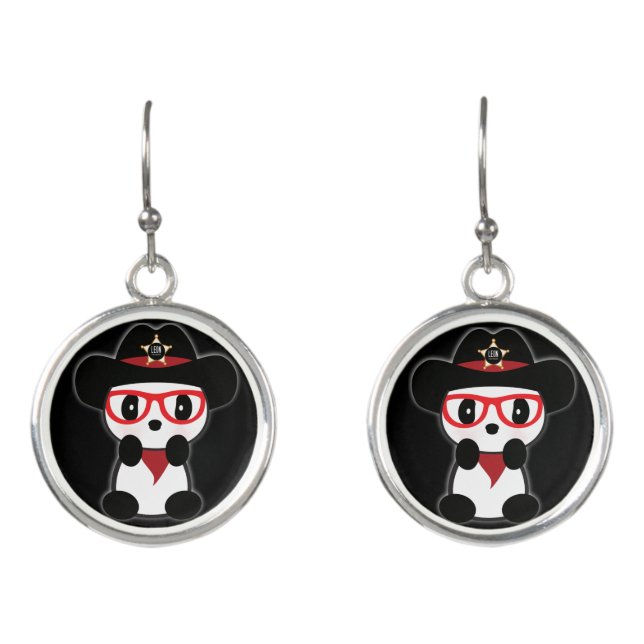 Panda Earrings - Cowboy Panda Bear Jewelry. Leon (Front)