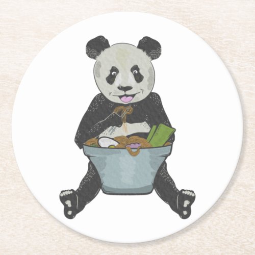 Panda eating a noodle bowl round paper coaster