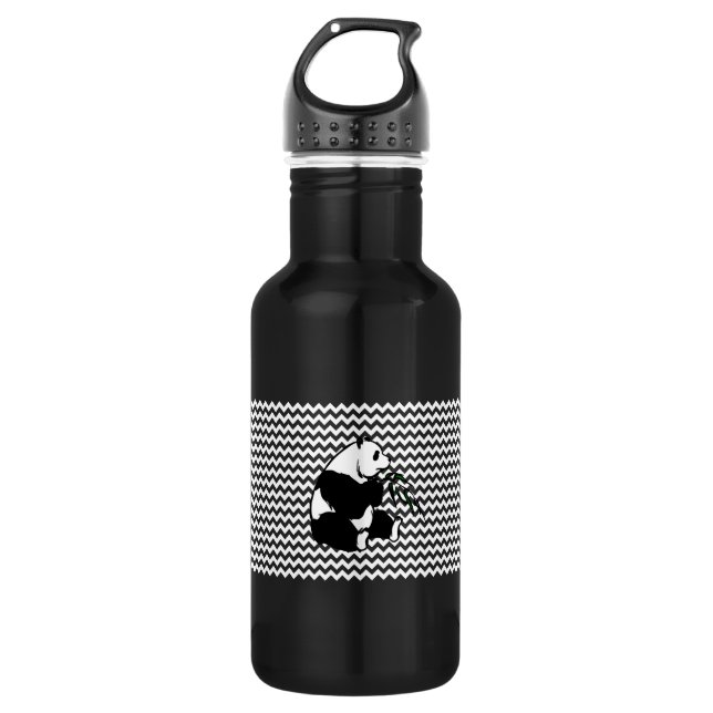 Panda Eating Bamboo on White Chevron Stainless Steel Water Bottle (Front)