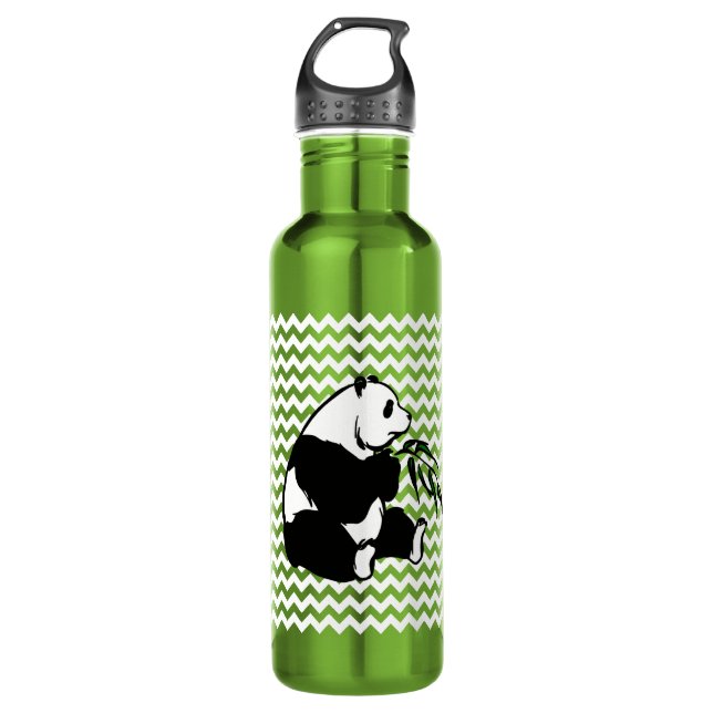 Panda Eating Bamboo on White Chevron Water Bottle (Front)