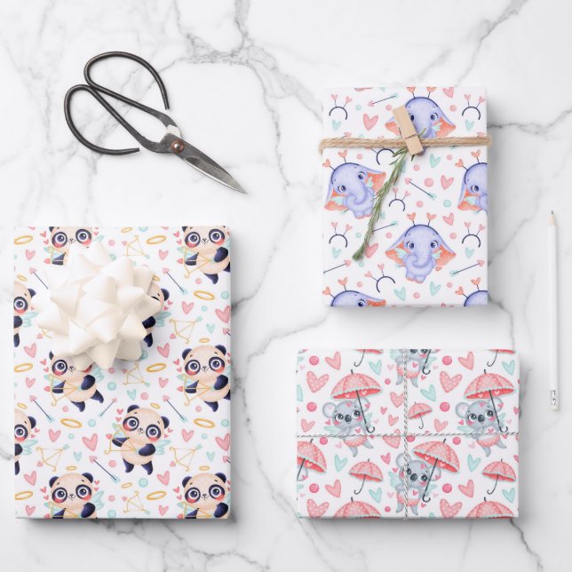 Panda Elephant Koala Love Wrapping Paper Set of 3 (Front)