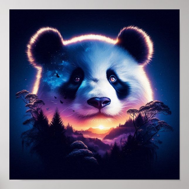Panda Face with Surreal Forest and Sunset  Poster (Front)