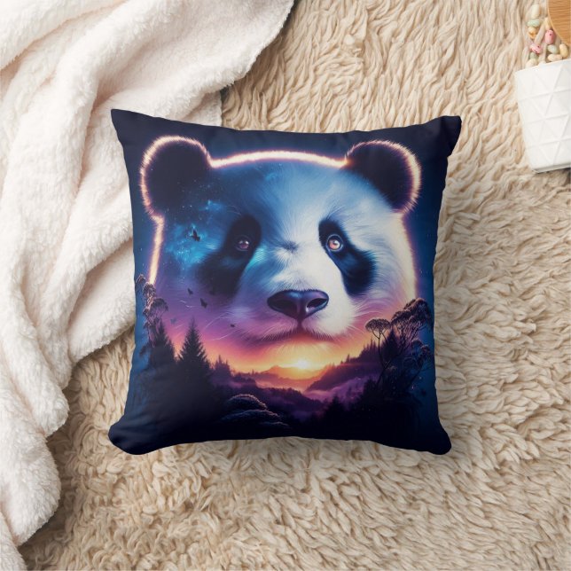 Panda Face with Surreal Forest and Sunset  Throw Pillow (Blanket)