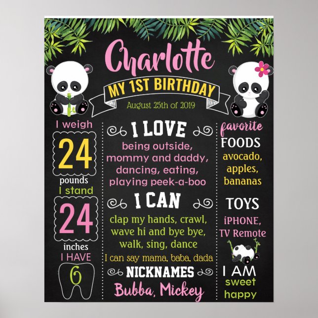 Panda First Birthday chalkboard sign (Front)