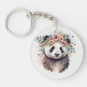 Panda Flowers Watercolor              Keychain