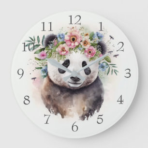 Panda Flowers Watercolor Large Clock