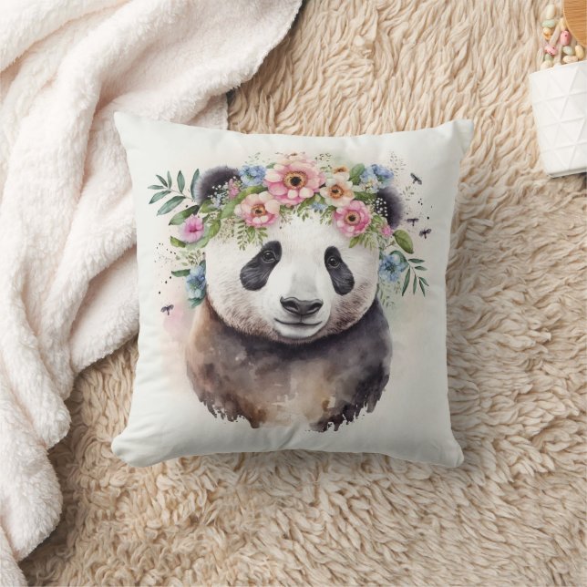 Panda Flowers Watercolor                           Throw Pillow (Blanket)