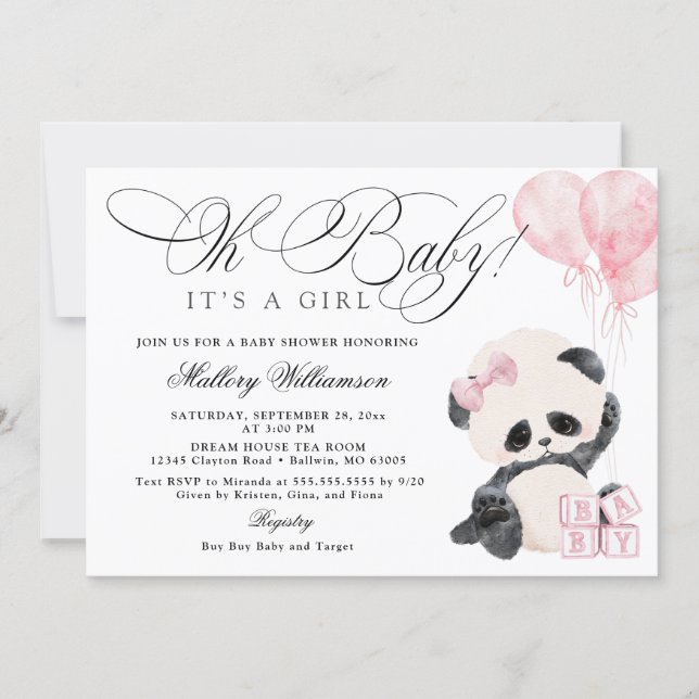 Panda Girl Baby Shower Invitation (Front)