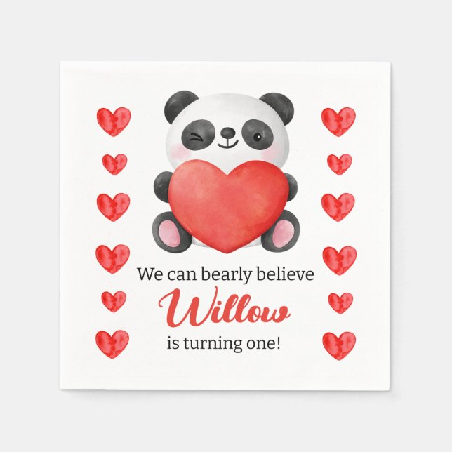 Panda Girl with Hearts Valentine First Birthday In Napkins (Front)