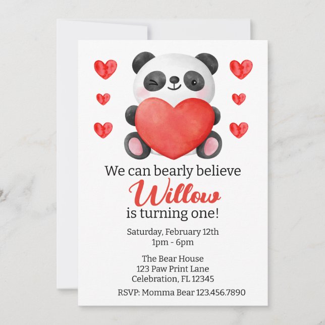 Panda Girl with Hearts Valentine First Birthday Invitation (Front)