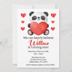 Panda Girl with Hearts Valentine First Birthday Invitation