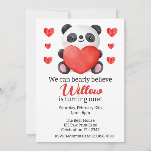 Panda Girl with Hearts Valentine First Birthday Invitation