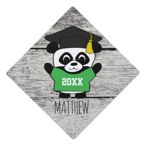 Panda Grad in Green  White Custom Year Tee Graduation Cap Topper