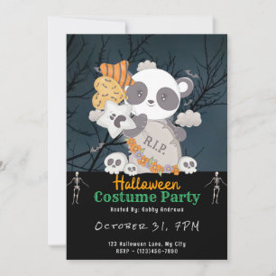 Panda Grave RIP Bats Clouds Black Halloween Invitation