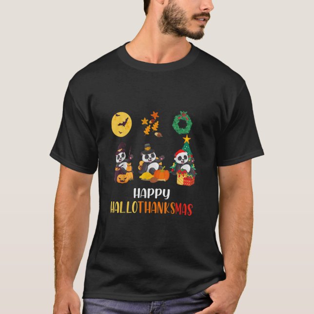 Panda Halloween And Merry Christmas Happy Hallot T-Shirt (Front)