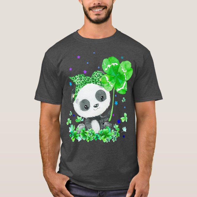 Panda Holding Shamrock Stars Cute St Patricks T-Shirt (Front)