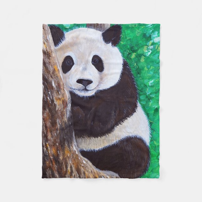 Panda in a Tree Painting Fleece Blanket (Front)