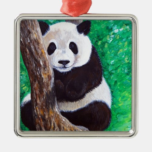 Panda in a Tree Painting Metal Ornament