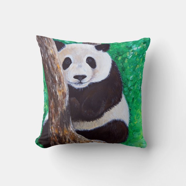 Panda in a Tree Painting Throw Pillow (Front)