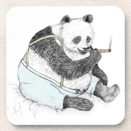 Panda in Pants Smokes a Cigar Beverage Coaster