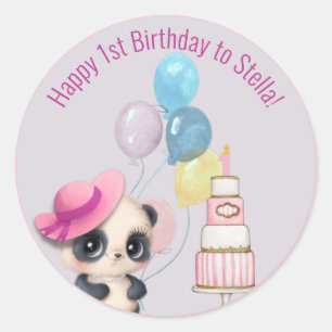 Panda in Pink Hat   Baby's 1st Birthday Classic Round Sticker