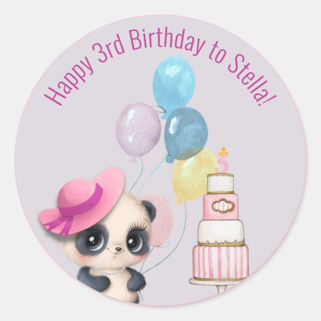 Panda in Pink Hat | Baby's 3rd Birthday Classic Round Sticker (Front)