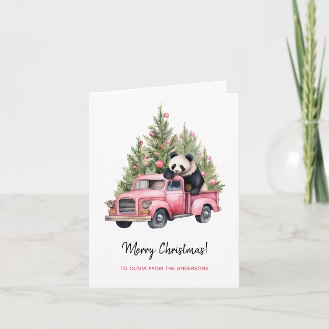 Panda in Pink Truck Christmas trees Card (Front)