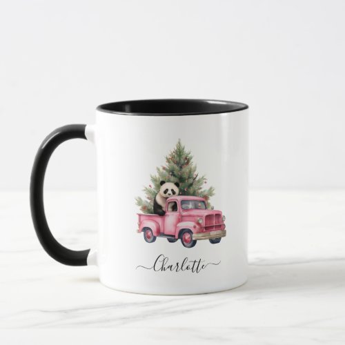Panda in Pink Vintage Truck Christmas Holiday Mug