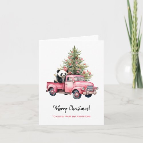 Panda in Retro Pink Truck Christmas tree Card