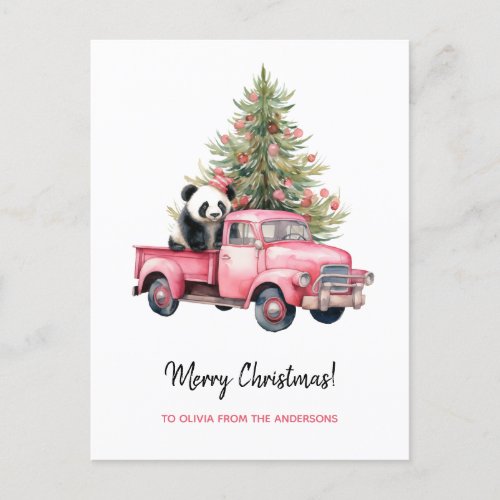 Panda in Retro Pink Truck Christmas tree Holiday Postcard
