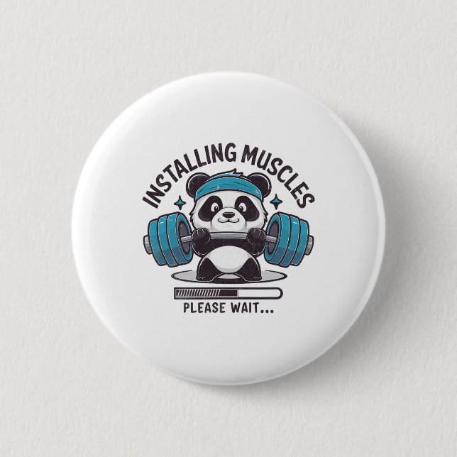 Panda Installing Muscles Please Wait Weightlifter  Button (Front)