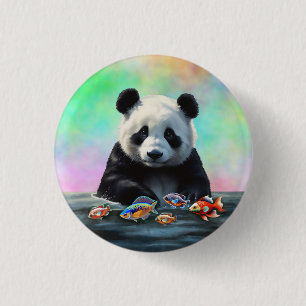 Panda is Gazes at Colorful Swimming Fish Button